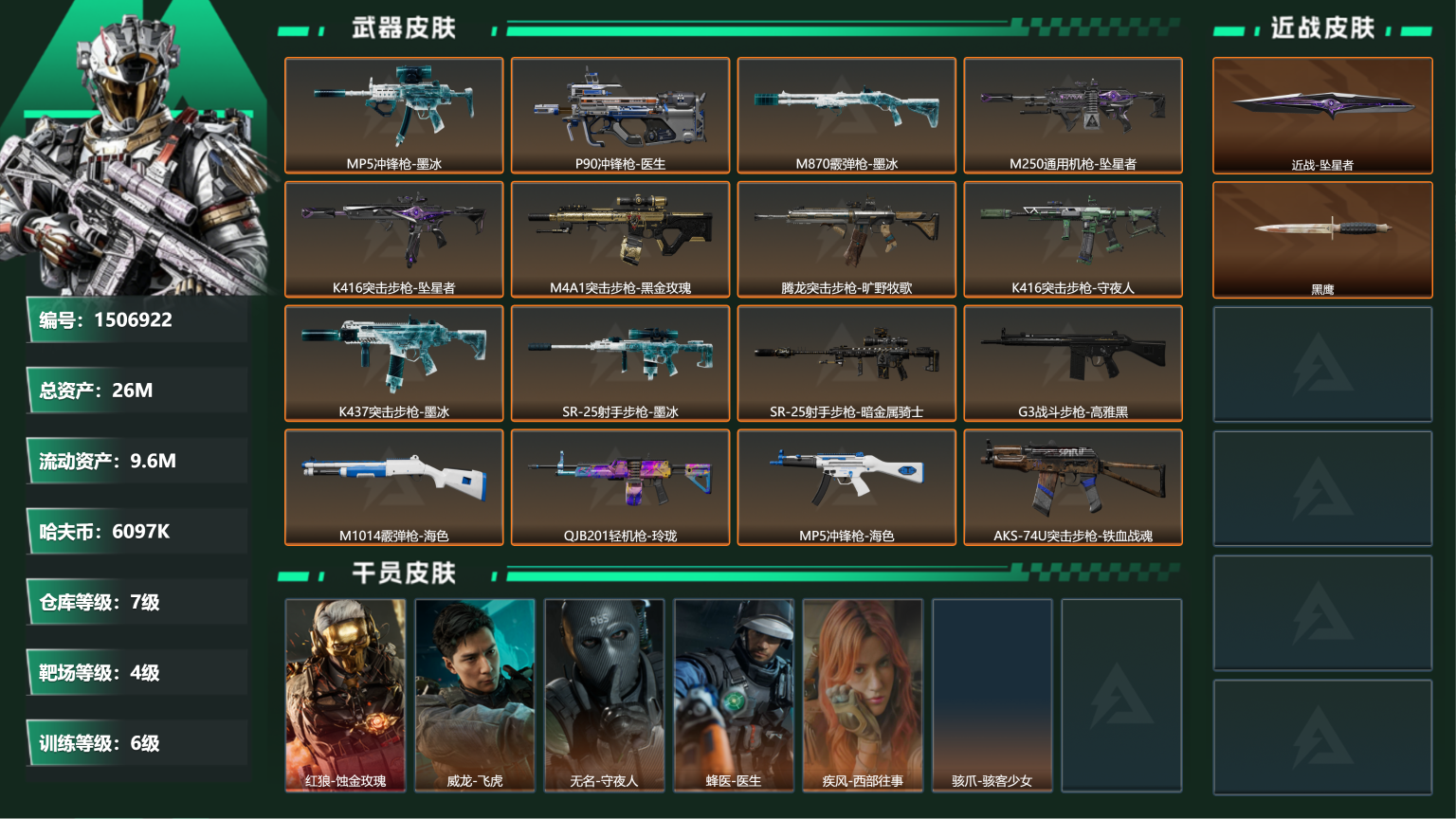 【坠星者 红皮红狼 总资产26M，17颗aw子弹 s11赛季高级安全箱 流动资产9.6M，哈夫币6097K，行动等级:60，近战数量:1，干员红皮数量:1，干员皮肤:6，枪皮:114 秒换绑不用等】
【近战武器】 近战-坠星者 黑鹰
【干员皮肤】 威龙-飞虎 红狼-蚀金玫瑰 无名-守夜人 蜂医-医生 疾风-西部往事 骇爪-骇客少女
【传说挂饰】 蚀金玫瑰
【载具】 鳄鱼-特种直